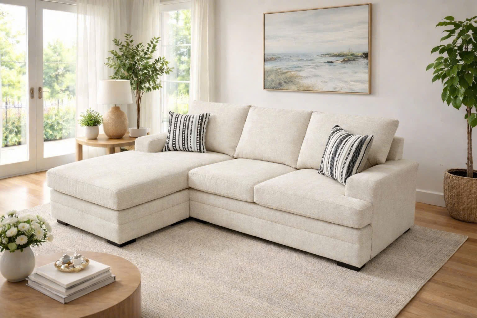 Helen Beige two-piece reversible fabric sectional with a chaise