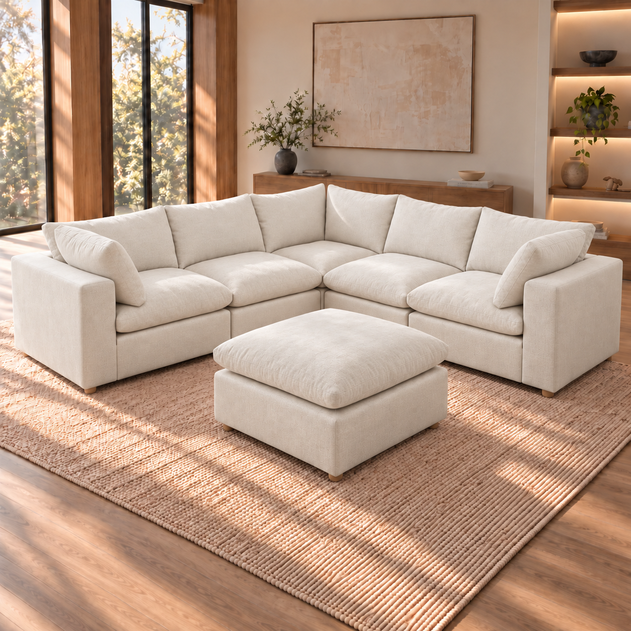 Norwick Beige Down-Filled Cloud 5-Piece Sectional + Ottoman — Beige five-piece sectional with matching ottoman, shown in a room.