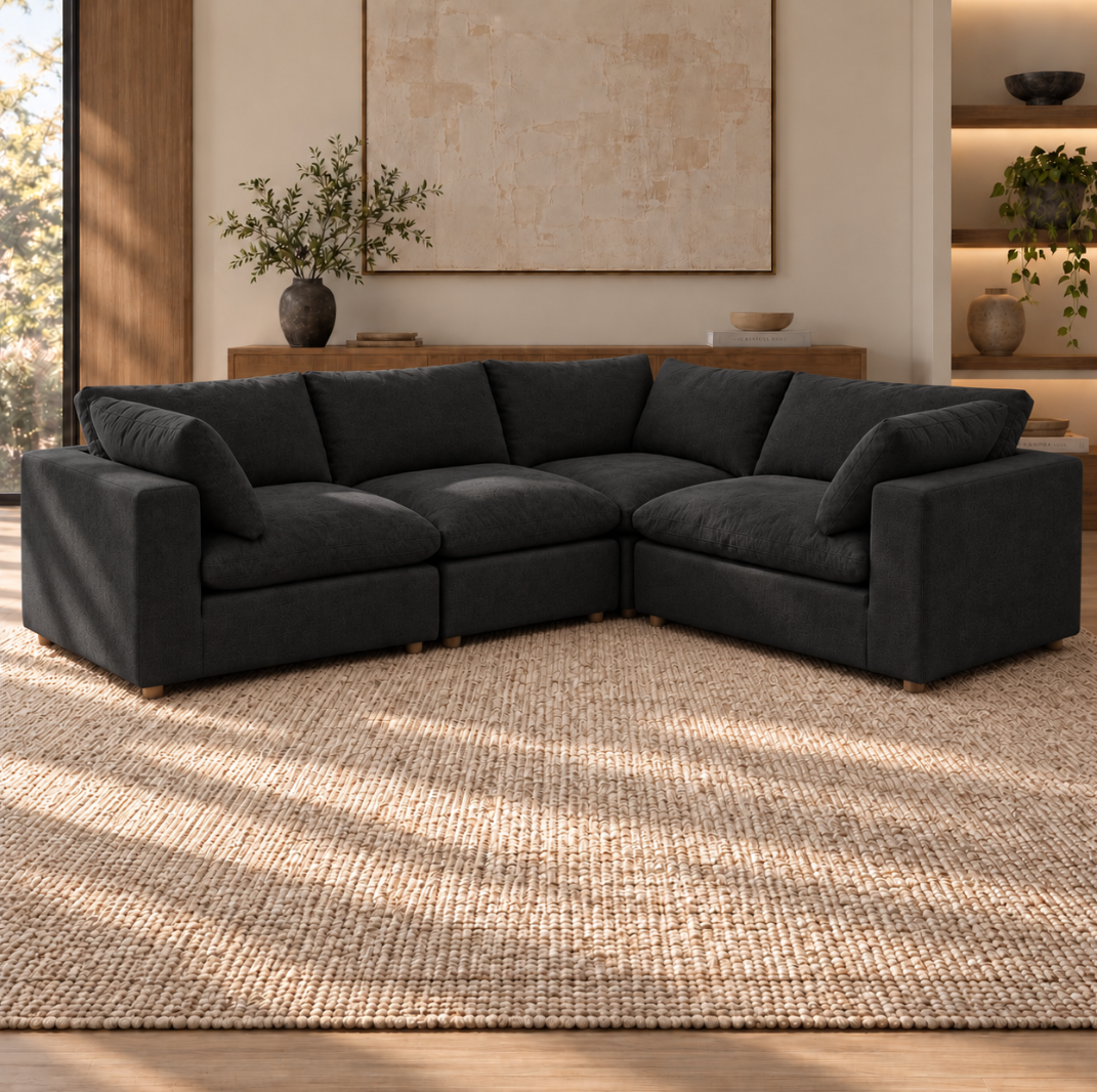 Norwick Black Down-Filled Cloud 4-Piece Corner Sectional — Black four-piece corner sectional in the supplier’s first layout.