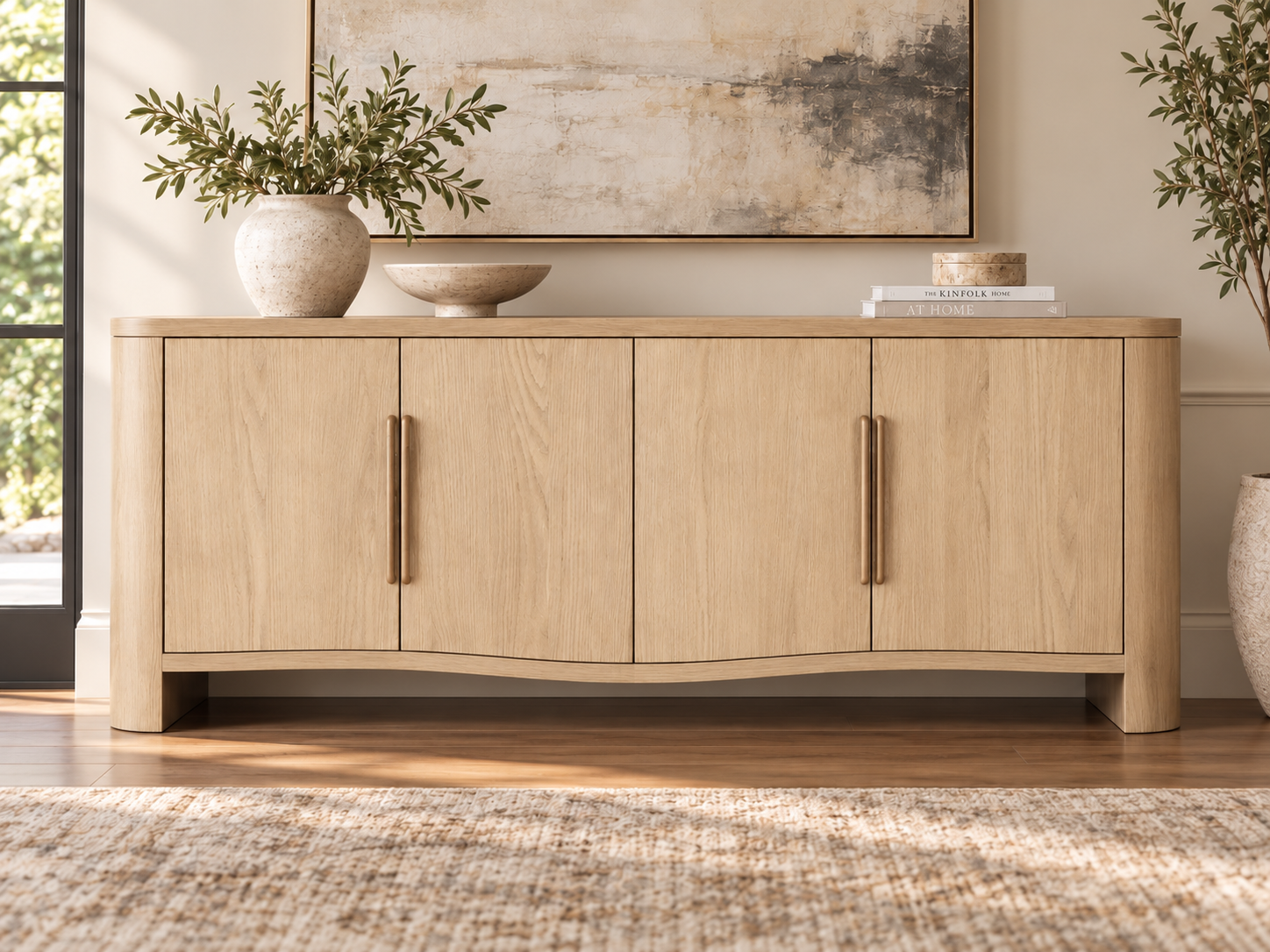 Norwick Elara Natural Oak sideboard with four closed doors and vertical handles, shown in a staged room