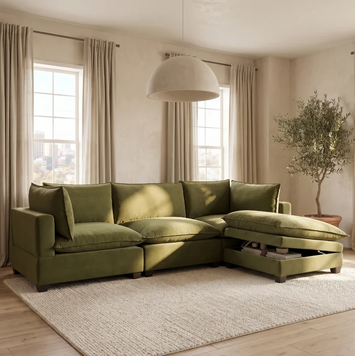 Norwick Olive Green Velvet Cloud Couch — Olive green velvet cloud couch shown in a room with the chaise cushion lifted.