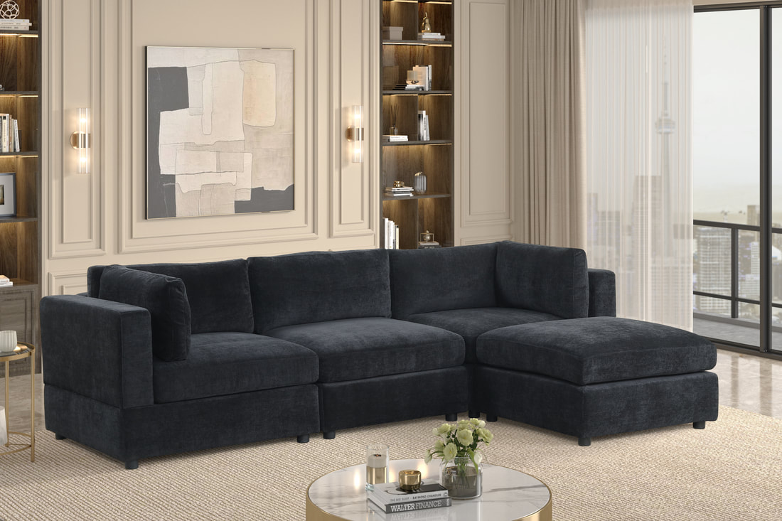 Unity Black four-piece reversible sectional in a styled living room